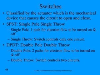 Switches Classified by the actuator which is the mechanical device that causes the circuit to open and close. SPST: Single Pole Single Throw  Single Pole: 1 path for electron flow to be turned on & off. Single Throw: Switch controls only one circuit. DPDT: Double Pole Double Throw Double Pole: 2 paths for electron flow to be turned on & off. Double Throw: Switch controls two circuits. 