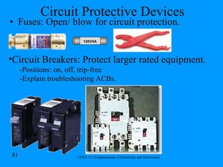 Circuit Protective Devices Fuses: Open/ blow for circuit protection. Circuit Breakers: Protect larger rated equipment. -Positions: on, off, trip-free -Explain troubleshooting ACBs. 120V5A 