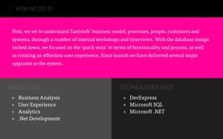 First, we set to understand Taxbriefs’ business model, processes, people, customers and
systems, through a number of internal workshops and interviews. With the database design
locked down, we focused on the ‘quick wins’ in terms of functionality and process, as well
as creating an effortless user experience. Since launch we have delivered several major
upgrades to the system.
»» Business Analysis
»» User Experience
»» Analytics
»» .Net Development
»» DevExpress
»» Microsoft SQL
»» Microsoft .NET
HOW WE DID IT
SKILLS USED TECHNOLOGIES USED
 