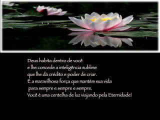 Deus habita dentro de você  e lhe concede a inteligência sublime  que lhe dá crédito e poder de criar.  É a maravilhosa força que mantém sua vida para sempre e sempre e sempre.  Você é uma centelha de luz viajando pela Eternidade!  