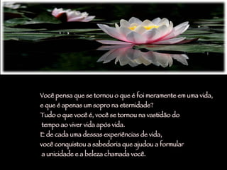 Você pensa que se tornou o que é foi meramente em uma vida,  e que é apenas um sopro na eternidade? Tudo o que você é, você se tornou na vastidão do tempo ao viver vida após vida.  E de cada uma dessas experiências de vida,  você conquistou a sabedoria que ajudou a formular a unicidade e a beleza chamada você.  