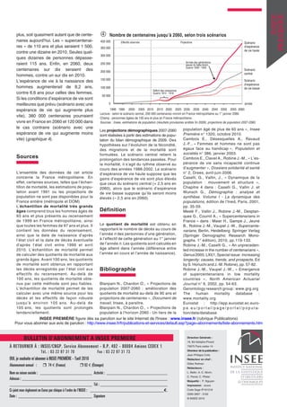 Sources
L’ensemble des données de cet article
concerne la France métropolitaine. En
effet, certaines sources, telles que l’échantillon de mortalité, les estimations de population avant 1991 ou les projections de
population ne sont pas disponibles pour la
France entière (métropole et DOM).
L’échantillon de mortalité très grands
âges comprend tous les hommes âgés de
93 ans et plus présents au recensement
de 1999 en France métropolitaine, ainsi
que toutes les femmes de 97 ans et plus. Il
contient les données du recensement,
ainsi que la date de naissance d’après
l’état civil et la date de décès éventuelle
d’après l’état civil entre 1999 et avril
2010. L’échantillon de mortalité permet
de calculer des quotients de mortalité aux
grands âges. Avant 100 ans, les quotients
de mortalité sont obtenus en rapportant
les décès enregistrés par l’état civil aux
effectifs du recensement. Au-delà de
100 ans, les quotients de mortalité obtenus par cette méthode sont peu fiables.
L’échantillon de mortalité permet de les
calculer avec une même source pour les
décès et les effectifs de façon robuste
jusqu’à environ 105 ans. Au-delà de
105 ans, les quotients sont prolongés
tendanciellement.

„

Nombre de centenaires jusqu’à 2060, selon trois scénarios

400 000

Effectifs observés

Projections

350 000

Scénario
d’espérance
de vie haute

300 000
Arrivée des générations
issues du baby-boom
Guerre 1939 - 1945

250 000
200 000
150 000

Scénario
d’espérance
de vie basse

100 000
50 000

Scénario
central

Déficit des naissances
Guerre 1914 - 1918

0

année

1990 1995 2000 2005 2010 2015 2020 2025 2030 2035 2040 2045 2050 2055 2060
Lecture : selon le scénario central, 200 000 centenaires vivront en France métropolitaine au 1er janvier 2060.
Champ : personnes âgées de 100 ans et plus en France métropolitaine.
Sources : Insee, estimations de population (résultats provisoires arrêtés fin 2009), projections de population 2007-2060.

Les projections démographiques 2007-2060
sont réalisées à partir des estimations de population du bilan démographique de 2009. Des
hypothèses sur l’évolution de la fécondité,
des migrations et de la mortalité sont
formulées. Le scénario central retient la
prolongation des tendances passées. Pour
la mortalité, il s’agit du rythme observé au
cours des années 1988-2002. Le scénario
d’espérance de vie haute suppose que les
gains d’espérance de vie sont plus élevés
que ceux du scénario central (+ 2,5 ans en
2060), alors que le scénario d’espérance
de vie basse suppose qu’ils seront moins
élevés (– 2,5 ans en 2060).

Définition
Le quotient de mortalité est obtenu en
rapportant le nombre de décès au cours de
l’année n des personnes d’une génération,
à l’effectif de cette génération au 1er janvier
de l’année n . Les quotients sont calculés en
âge atteint dans l’année (différence entre
l’année en cours et l’année de naissance).

Bibliographie
Blanpain N., Chardon O., « Projections de
population 2007-2060 : amélioration des
quotients de mortalité au-delà de 90 ans et
projections de centenaires », Document de
travail , Insee, à paraître.
Blanpain N., Chardon O., « Projections de
population à l’horizon 2060 - Un tiers de la

population âgé de plus de 60 ans », Insee
Première n° 1320, octobre 2010.
Cambois E., Désesquelles A., Ravaud
J.-F., « Femmes et hommes ne sont pas
égaux face au handicap », Population et
sociétés n° 386, janvier 2003.
Cambois E., Clavel A., Robine J.-M., « L’espérance de vie sans incapacité continue
d’augmenter », Dossiers solidarité et santé
n° 2, Drees, avril-juin 2006.
Caselli, G., Vallin, J., « Dynamique de la
population : mouvement et structure »,
Chapitre 4 dans : Caselli G., Vallin J. et
Wunsch G., Démographie : analyse et
synthèse. Volume I - La dynamique des
populations, édition de l’Ined, Paris, 2001,
pp. 35-59.
Meslé F., Vallin J., Robine J.-M., Desplanques G., Cournil A., « Supercentenarians in
France » dans : Maier H., Gampe J., Jeune
B., Robine J.-M., Vaupel J.-W., Supercentenarians, Berlin, Heidelberg: Springer Verlag
(Springer Demographic Research Monographs. 1st édition), 2010, pp.119-133.
Robine J.-M., Caselli G., « An unprecedented increase in the number of centenarians »,
Genus 2005; LXI(1, Special issue: Increasing
longevity: causes, trends, and prospects, Ed
by S. Horiuchi and J.-M. Robine), pp. 57-82.
Robine J.-M., Vaupel J.-W., « Emergence
of supercentenarians in low mortality
countries », North American Actuarial
Journal n° 6, 2002, pp. 54-63.
Gerontology research group : www.grg.org
The
human
mortality
database
:
www.mortality.org
Eurostat : http://epp.eurostat.ec.europ a . e u / p o r t a l / p a g e / p o r t a l / p o p u l ation/data/database

INSEE PREMIÈRE figure dès sa parution sur le site Internet de l'Insee : www.insee.fr (rubrique Publications)
Pour vous abonner aux avis de parution : http://www.insee.fr/fr/publications-et-services/default.asp?page=abonnements/liste-abonnements.htm

BULLETIN D'ABONNEMENT A INSEE PREMIERE

Direction Générale :
18, Bd Adolphe-Pinard
75675 Paris cedex 14
Directeur de la publication :
Jean-Philippe Cotis

OUI, je souhaite m’abonner à INSEE PREMIÈRE - Tarif 2010
Abonnement annuel :

r 74 € (France)

r 92 € (Étranger)

Nom ou raison sociale : ________________________ Activité : ____________________________
Adresse : ___________________________________________________________________
______________________________________ Tél : _______________________________
Ci-joint mon règlement en Euros par chèque à l’ordre de l’INSEE : __________________________________€.
Date : __________________________________ Signature

Rédacteur en chef :
Gilles Rotman
Rédacteurs :
L. Bellin, A.-C. Morin,
C. Perrel, C. Pfister
Maquette : P. Nguyen
Impression : Jouve
Code Sage IP101319
ISSN 0997 - 3192
© INSEE 2010

INSEE
PREMIERE

plus, soit quasiment autant que de centenaires aujourd’hui. Les « supercentenaires » de 110 ans et plus seraient 1 500,
contre une dizaine en 2010. Seules quelques dizaines de personnes dépasseraient 115 ans. Enfin, en 2060, deux
centenaires sur dix seraient des
hommes, contre un sur dix en 2010.
L’espérance de vie à la naissance des
hommes augmenterait de 8,2 ans,
contre 6,6 ans pour celles des femmes.
Si les conditions d’espérance de vie sont
meilleures que prévu (scénario avec une
espérance de vie qui augmente plus
vite), 380 000 centenaires pourraient
vivre en France en 2060 et 120 000 dans
le cas contraire (scénario avec une
espérance de vie qui augmente moins
vite) (graphique 4).

 