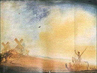 Después de ser golpeado brutalmente por unos mercaderes, un vecino lo devuelve a su casa;  mientras guarda cama, el cura y el barbero  le queman la mayor parte de sus libros. Ya repuesto, inicia la segunda salida,  acompañado por un labrador vecino suyo, Sancho Panza, a quien ha convencido para que le sirva como escudero a cambio de riquezas y poder.  Tras numerosas aventuras, de las que siempre sale malparado – lucha contra unos molinos de viento que él confunde con gigantes, libera a unos criminales que después lo apalean se retira a hacer penitencia a Sierra Morena  .  Sus amigos, el cura y el barbero,  que han salido en su busca, lo encierran en una jaula  y lo traen engañado al pueblo. razón. 