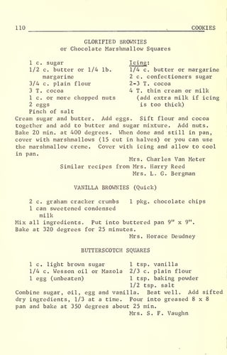 110 , COOKIES
GLORIFIED BROWNIES
or Chocolate Marshmallow Squares
1 c. sugar Icing :
1/2 c. butter or 1/4 lb. 1/4 c. butter or margarine
margarine 2 c. confectioners sugar
3/4 c. plain flour 2-3 T. cocoa
3 T. cocoa 4 T. thin cream or milk
1 c . or more chopped nuts (add extra milk if icing
2 eggs is too thick)
Pinch of salt
Cream sugar and butter. Add eggs. Sift flour and cocoa
together and add to butter and sugar mixture. Add nuts.
Bake 20 min. at 400 degrees. When done and still in pan,
cover with marshmallows (15 cut in halves) or you can use
the marshmallow creme. Cover with icing and allow to cool
in pan.
Mrs. Charles Van Meter
Similar recipes from Mrs. Harry Reed
Mrs. L. G. Bergman
VANILLA BROWNIES (Quick)
2 c. graham cracker crumbs 1 pkg. chocolate chips
1 can sweetened condensed
milk
Mix all ingredients. Put into buttered pan 9" x 9".
Bake at 320 degrees for 25 minutes.
Mrs. Horace Deudney
BUTTERSCOTCH SQUARES
1 c. light brown sugar 1 tsp. vanilla
1/4 c. Wesson oil or Mazola 2/3 c. plain flour
1 egg (unbeaten) 1 tsp. baking powder
1/2 tsp. salt
Combine sugar, oil, egg and vanilla. Beat wello Add sifted
dry ingredients, 1/3 at a time. Pour into greased 8x8
pan and bake at 350 degrees about 25 min.
Mrs. S. F. Vaughn
 