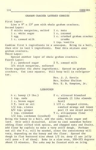 114 COOKIES
GRAHAM CRACKER LAYERED COOKIES
First layer:
Line a 9" x 13" pan with whole graham crackers.
Second Layer:
2 sticks margarine, melted 1 c. nuts
1 c. white sugar 1 c. coconut
1 egg 1 c. crushed graham cracker
1 c. canned milk crumbs
1 tsp. vanilla
Combine first 4 ingredients in a saucepan. Bring to a boil,
then stir in last 4 ingredients. Pour this mixture over
graham crackers.
Third Layer:
Spread another layer of whole graham crackers.
Fourth Layer:
2 c. powdered sugar 2 T. canned milk
3/4 stick margarine, softened
Cream together the above ingredients. Spread on graham
crackers. Cut into squares. Will keep well in refrigera-
tor .
Mrs. J. J. Harris
Mrs. Walker Shelton
Mrs. E. B. Hampton, Jr.
LEBKUCHEN
c. slivered blanched
almonds (I like almonds
best)
1/2 c. chopped citron,
candied orange and lemon
peel (I use mixed peels)
c. all-purpose flour
(approx.
)
4 c. honey (3 lbs.) 2
1 tsp. soda
1 c. brown sugar
3 T. lard or oil 1
1/2 tsp. cloves
1/2 tsp. ginger
1 tsp. cinnamon 9
1/2 tsp. cardamon (crushed)
Bring the honey to a boil, add the soda, brown sugar and
lard. Stir until dissolved. Allow to cool somewhat before
adding flour sifted with spices, and chopped nuts and fruits.
Add flour by cupfuls to make a very stiff dough. Perhaps
not all the 9 c. will be needed, since the consistency will
vary, depending on the honey and the flour. Spread the
dough in flat buttered tins about 1/2 in. deep (I use jelly
roll pans - 2 of them). Bake in a slow oven, 300-325 degrees
about 15 minutes. The cake may be frosted with an icing
 