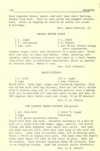 140 DESSERTS
Heat together dates, water, and salt just until boiling.
Remove from heat. Stir in corn syrup and chopped walnuts.
Cool. Serve as topping on vanilla or coffee ice cream.
8 servings.
Mrs. James McNeely, Jr.
ORANGE BUTTER SAUCE
1 c. sugar 1 c. water
2 T. cornstarch 2 T. butter
1 tsp. salt 1 can (6 oz) frozen orange
juice concentrate
Combine sugar, salt, and cornstarch in a sauce pan. Blend
well and stir in water and butter. Cook, stirring con-
stantly, until mixture thickens and comes to a boil. Remove
from heat; stir in undiluted concentrate. Serve as pancake
or dessert sauce. Makes 2 cups,
Mrs. Jack Cabaniss
BAKED CUSTARD
3 c. milk 1/4 c. sugar
3 eggs 1 tsp. vanilla
Scald milk. Beat eggs, sugar and flavoring together. Pour
bit of hot milk into egg mixture, then mix all well. Divide
into 6 custard cups set in a shallow pan--or into a baking
dish set in pan--add 1/2 inch hot water to pan and bake at
300 degrees until knife comes out clean, 35 to 50 minutes.
Mrs. C. A. Street
LOW CALORIE BAKED CUSTARD (Original)
1 qt. skim milk 1 level T. sugar
3 eggs flavoring
6 1/2 grain saccharin tablets
Scald milk over low heat. Dissolve saccharin in a bit of
milk in a large cup--add sugar, eggs, vanilla, and sherry
flavor and beat together just until well mixed. Add some
hot milk and mix well; then pour into rest of the milk and
mix well. Pour into 10 custard cups, set in shallow pans.
Grate a whiff of nutmeg over each. Put pans into 300 degree
oven; pour about 1/2 inch of hot water in pans. Bake for
45 minutes. Each custard contains about 62 calories. This
is an original recipe. Good for dieters and/or diabetics.
Mrs. C. A. Street
 