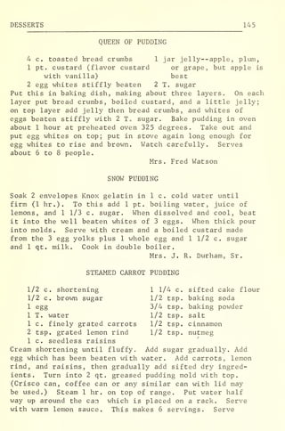 DESSERTS 145
QUEEN OF PUDDING
4 c. toasted bread crumbs 1 jar jelly —apple ,
plum,
1 pt. custard (flavor custard or grape, but apple is
with vanilla) best
2 egg whites stiffly beaten 2 T. sugar
Put this in baking dish, making about three layers. On each
layer put bread crumbs, boiled custard, and a little jelly;
on top layer add jelly then bread crumbs, and whites of
eggs beaten stiffly with 2 To sugar. Bake pudding in oven
about 1 hour at preheated oven 325 degrees. Take out and
put egg whites on top; put in stove again long enough for
egg whites to rise and brown. Watch carefully. Serves
about 6 to 8 people.
Mrs. Fred Watson
SNOW PUDDING
Soak 2 envelopes Knox gelatin in 1 c. cold water until
firm (1 hr.). To this add 1 pt. boiling water, juice of
lemons, and 1 1/3 c. sugar. When dissolved and cool, beat
it into the well beaten whites of 3 eggs. When thick pour
into molds. Serve with cream and a boiled custard made
from the 3 egg yolks plus 1 whole egg and 1 1/2 c. sugar
and 1 qt. milk. Cook in double boiler.
Mrs. J. R» Durham, Sr.
STEAMED CARROT PUDDING
1/2 c. shortening 1 1/4 c. sifted cake flour
1/2 c. brown sugar 1/2 tsp. baking soda
1 egg 3/4 tsp. baking powder
1 T. water 1/2 tsp. salt
1 c. finely grated carrots 1/2 tsp. cinnamon
2 tsp. grated lemon rind 1/2 tsp. nutmeg
1 c. seedless raisins
Cream shortening until fluffy. Add sugar gradually. Add
egg which has been beaten with water. Add carrots, lemon
rind, and raisins, then gradually add sifted dry ingred-
ients. Turn into 2 qt. greased pudding mold with top.
(Crisco can, coffee can or any similar can with lid may
be used.) Steam 1 hr . on top of range. Put water half
way up around the can which is placed on a rack. Serve
with warm lemon sauce. This makes 6 servings. Serve
 