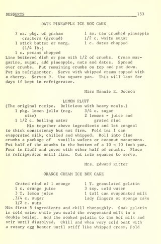 DES SERTS 153
DATE PINEAPPLE ICE BOX CAKE
7 oz . pkg. of graham 1 sm. can crushed pineapple
crackers (ground) 1/2 c. white sugar
1 stick butter or marg. 1 c. dates chopped
(1/4 lb.)
1 c. pecans chopped
Line buttered dish or pan with 1/2 of crumbs. Cream mar-
garine, sugar, add pineapple, nuts and dates. Spread
over crumbs. Put remaining crumbs on top and pat down.
Put in refrigerator. Serve with whipped cream topped with
a cherry. Serves 9. Use square pan. This will last for
days if kept in refrigerator.
Miss Nannie E. Dodson
LEMON FLUFF
(The original recipe. Delicious with heavy meals.)
1 pkg. lemon jello (reg. 3/4 c. sugar
size) 2 lemons - juice and
1 1/2 c. boiling water grated rind
Mix together above ingredients and let congeal
to thick consistency but not firm. Fold in: 1 can
evaporated milk, chilled and whipped. Roll into fine
crumbs a package of vanilla wafers or coconut macaroons.
Put half of the crumbs in the bottom of a 10 x 10 inch pan.
Pour in fluff and cover with other half of crumbs. Place
in refrigerator until firm. Cut into squares to serve.
Mrs. Edward Ritter
ORANGE CREAM ICE BOX CAKE
Grated rind of 1 orange 1 T. granulated gelatin
1 c. orange juice 3 tsp. cold water
3 T. lemon juice 1 tall can evaporated milk
,3/4 c. sugar lady fingers or sponge cake
1/2 c. nuts
Mix first 5 ingredients and chill thoroughly. Soak gelatin
in cold water while you scald the evaporated milk in a
double boiler. Add the soaked gelatin to the hot milk and
stir until dissolved. Chill and when very cold beat with
a rotary egg beater until stiff like whipped cream. Fold
 