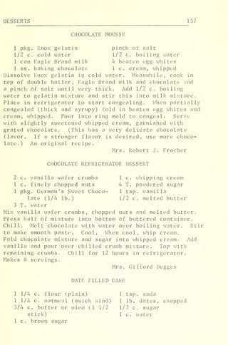 DESSERTS 157
CHOCOLATE MOUSSE
1 pkg. Knox gelatin pinch of salt
1/2 c. cold water 1/2 c. boiling water
1 can Eagle Brand milk 4 beaten egg whites
1 sq . baking chocolate 1 c. cream, whipped
Dissolve Knox gelatin in cold water. Meanwhile, cook in
top of double boiler, Eagle Brand milk and chocolate and
a pinch of salt until very thick. Add 1/2 c. boiling
water to gelatin mixture and stir this into milk mixture.
Place in refrigerator to start congealing. When partially
congealed (thick and syrupy) fold in beaten egg whites and
cream, whipped. Pour into ring mold to congeal. Serve
with slightly sweetened whipped cream, garnished with
grated chocolate. (This has a very delicate chocolate
flavor. If a stronger flavor is desired, use more choco-
late.) An original recipe.
Mrs. Robert J. Froeber
CHOCOLATE REFRIGERATOR DESSERT
2 c. vanilla wafer crumbs 1 c. whipping cream
1 c. finely chopped nuts 4 T. powdered sugar
1 pkg. German's Sweet Choco- 1 tsp. vanilla
late (1/4 lb.) 1/2 c. melted butter
3 T. water
Mix vanilla wafer crumbs, chopped nuts and melted butter.
Press half of mixture into bottom of buttered container.
Chill. Melt chocolate with water over boiling water. Stir
to make smooth paste. Cool. When cool, whip cream.
Fold chocolate mixture and sugar into whipped cream. Add
vanilla and pour over chilled crumb mixture. Top with
remaining crumbs. Chill for 12 hours in refrigerator.
Makes 8 servings.
Mrs. Gifford Degges
DATE FILLED CAKE
1 1/4 c. flour (plain) 1 tsp. soda
1 1/4 c. oatmeal (auick kind) 1 lb. dates, chopped
3/4 c. butter or oleo (1 1/2 1/2 c. sugar
stick) 1 c. water
1 c. brown sugar
 