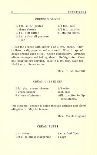 .10 APPFTTZFKS
CHEESED OLIVES
1/4 lb. (1 c.) grated 1/4 tsp. salt
sharp cheese 1/2 tsp. paprika
1/4 c. soft butter 24 stuffed olives
1/2 c. sifted all purpose
flour
Blend the cheese with butter 4 or 5 hrs. ahead. Stir
in flour, salt, paprika and mix well. Wrap 1 tsp. of
dough around each olive. Cover completely. Arrange
olives on ungreased baking sheet. Refrigerate. One-
half hour before serving, bake in a 400 deg. oven for
10-15 min. Serve warm.
Mrs. H. M. Ratcliff
CREAM CHEESE DIP
2 lg. pkg. cream cheese 1/4 onion
1 green pepper dash salt
3 slices of pimento milk to soften to dip
consistency.
Put pimento, pepper & onion through grinder and blend
altogether. May be frozen.
Mrs. Frank Kingman
CREAM PUFFS
1 c. water 1 c. sifted flour
1/2 c. (1 stick) margarine 4 eggs
 