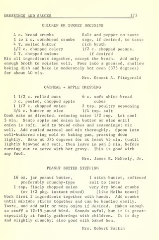 DRE S SINGS AND SAUCES 17
3
CHICKEN OR TURKEY DRESSING
4 c. bread crumbs Salt and pepper to taste
1 to 2 c . cornbread crumbs sage, if desired, to taste
4 T. melted butter rich broth
1/2 c. chopped celery 1/2 c. chopped pecans,
2 T« chopped onions if desired
Mix all ingredients together, except the broth. Add only
enough broth to moisten well. Pour into a greased, shallow
baking dish and bake in moderately hot oven (375 degrees)
for about 40 min.
Mrs. Ernest A. Fitzgerald
OATMEAL - APPLE DRESSING
1 1/2 c. rolled oats 6 c. soft white bread
3 c. peeled, chopped apple cubes
1 1/2 c. chopped onion 2 tsp. poultry seasoning
3/4 c. butter or oleo 1/4 tsp. salt
Cook oats as directed, reducing water 1/2 cup. Let cool
5 min. Saute apple and onion in butter or oleo until
onion is soft. Add to bread cubes and seasonings; mix
well. Add cooled oatmeal and mix thoroughly. Spoon into
well-buttered ring mold or baking pan, pressing down
lightly. Bake at 375 degrees for at least 45 min. (until
lightly browned and set) , then leave in pari 5 min. before
turning out to serve with hot gravy. This is good with
any fowl-
Mrs. James E. McNeely, Jr.
PEANUT BUTTER STUFFING
16 oz . jar peanut butter, 1 stick butter, softened
preferably crunchy-type salt to taste
1 tsp. finely chopped onion very dry bread crumbs
(or 1/2 pkg. instant mixed) (like Melba toast)
Work first 3 ingredients together with hands. Add crumbs
until mixture sticks together and can be handled easily.
Taste, and add salt or more onion if desired. Makes enough
tc stuff a 12-15 pound bird. Sounds awful, but it is great-
especially at family gatherings with children. It is dry
and slightly crunchy; also good with baked hen.
Mrs. Robert Sartin
 