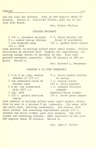 POULTRY 2 9
and use rest for muffins. Bake at 400 degrees about 25
minutes. Serves 4. Excellent flavor; good way to use
left over beans.
Mrs. Walker Shelton
CHICKEN MACARONI
1 1/4 c. uncooked macaroni 2 T. dried parsley (or
2 c. cooked cut-up chicken fresh if available)
1 can mushroom soup 3/4 c. grated sharp cheese
1/2 c. milk
Cook macaroni in boiling salted water until tender. (Follow
directions on macaroni box) Combine all ingredients, re-
serving enough cheese to sprinkle on top. Turn into
greased two-quart casserole. Bake 20 minutes at 400 de-
grees. Serves 4.
Mrs. Richard L. Shoemaker
CHICKEN A LA KING CASSEROLE
1 5 or 6 oz . pkg. medium 2 c. diced cooked chicken
noodles (3 1/2 c.) or turkey
1 can condensed cream of 1 c. sliced celery
chicken soup 1/4 c. diced pimento
1 6 oz . can evaporated 1 c. toasted slivered
milk (2/3 c.) almonds
1 tsp. salt Buttered bread crumbs
1 1/2 c. grated American 1/4 c. diced green pepper
cheese
Cook noodles in boiling salted water until tender; drain;
form in nest in a greased 2 qt. casserole. Mix soup, milk
and salt; heat, stirring constantly. Add cheese; stir
until melted. Add remaining ingredients except 1/2 c.
almonds and bread crumbs; pour over noodles. Top with
crumbs and remaining almonds. Bake uncovered in hot oven
400 degrees about 20 minutes. Serves 6.
Mrs. John E. Miller
 