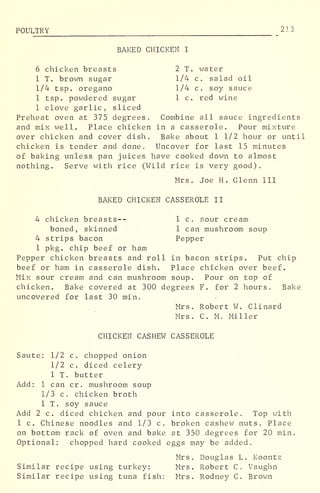 POULTRY 213
BAKED CHICKEN I
6 chicken breasts 2 T. water
1 T. brown sugar 1/4 c. salad oil
1/4 tsp. oregano 1/4 c. soy sauce
1 tsp. powdered sugar 1 c. red wine
1 clove garlic, sliced
Preheat oven at 375 degrees. Combine all sauce ingredients
and mix well. Place chicken in a casserole. Pour mixture
over chicken and cover dish. Bake about 1 1/2 hour or until
chicken is tender and done. Uncover for last 15 minutes
of baking unless pan juices have cooked down to almost
nothing. Serve with rice (Wild rice is very good).
Mrs. Joe H. Glenn III
BAKED CHICKEN CASSEROLE II
4 chicken breasts-- 1 c. sour cream
boned, skinned 1 can mushroom soup
4 strips bacon Pepper
1 pkg. chip beef or ham
Pepper chicken breasts and roll in bacon strips. Put chip
beef or ham in casserole dish. Place chicken over beef.
Mix sour cream and can mushroom soup. Pour on top of
chicken. Bake covered at 300 degrees F. for 2 hours. Bake
uncovered for last 30 min.
Mrs. Robert W. Clinard
Mrs. C. M. Miller
CHICKEN CASHEW CASSEROLE
Saute: 1/2 c. chopped onion
1/2 c. diced celery
1 T. butter
Add: 1 can cr . mushroom soup
1/3 c. chicken broth
1 T. soy sauce
Add 2 c. diced chicken and pour into casserole. Top with
1 c. Chinese noodles and 1/3 c. broken cashew nuts. Place
on bottom rack of oven and bake at 350 degrees for 20 min.
Optional: chopped hard cooked eggs may be added.
Mrs. Douglas L. Koontz
Similar recipe using turkey: Mrs. Robert C. Vaughn
Similar recipe using tuna fish: Mrs. Rodney C. Brown
 