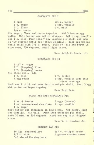 238 PIES
CHOCOLATE PIE I
3 eggs 1/4 c. butter
1 c. sugar 1 tsp. vanilla
1 T. flour 1 c. milk
1/4 c. cocoa
Mix sugar, flour and cocoa together. Add 3 beaten egg
yolks. Melt butter and add to mixture. Add 1 tsp. vanilla
and 1 c. milk. Pour into 9 in. unbaked pie shell and bake
at 400 degrees until set (about 20 min.). Beat egg whites
until stiff with 3-5 T. sugar. Pile on pie and brown in
slow oven, 250 degrees, until light brown.
Mrs. Ralph H. Lewis, Jr.
CHOCOLATE PIE II
1 1/2 c. sugar
3 T. (heaping) flour
3 T. (heaping) cocoa
Mix these well. Add:
1 c. milk 1 T. butter
3 egg yolks 1 tsp. vanilla (add this
after cooking)
Cook until thick and pour into baked pie shell. Beat 3 egg
whites for meringue topping.
Mrs. Hugh Beam
QUICK AND EASY CHOCOLATE PIE
1 stick butter 2 eggs (beaten)
1 oz. unsweetened chocolate 1 tsp. vanilla
1 c. sugar
Melt butter and chocolate in sauce pan. Add sugar, eggs
and vanilla. Mix well. Pour into uncooked pie shell.
Bake 30 min. at 350 degrees. Cool and top with whipped
cream.
Mrs. W. M. Jordan, Jr.
HERSHEY BAR PIE
16 lge. marshmallows 1/2 c. whipped cream
1/2 c. milk 1 graham cracker crust
5-6 almond Hershey bars
 