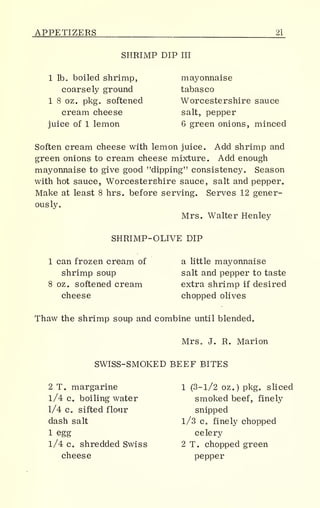 APPETIZERS 21
SHRIMP DIP III
1 lb. boiled shrimp,
coarsely ground
1 8 oz. pkg. softened
cream cheese
juice of 1 lemon
mayonnaise
tabasco
Worcestershire sauce
salt, pepper
6 green onions, minced
Soften cream cheese with lemon juice. Add shrimp and
green onions to cream cheese mixture. Add enough
mayonnaise to give good "dipping" consistency. Season
with hot sauce, Worcestershire sauce, salt and pepper.
Make at least 8 hrs. before serving. Serves 12 gener-
ously.
Mrs. Walter Henley
SHRIMP-OLIVE DIP
1 can frozen cream of
shrimp soup
8 oz. softened cream
cheese
a little mayonnaise
salt and pepper to taste
extra shrimp if desired
chopped olives
Thaw the shrimp soup and combine until blended.
Mrs. J. R. Marion
SWISS-SMOKED BEEF BITES
2 T. margarine
1/4 c. boiling water
1/4 c. sifted flour
dash salt
1 egg
1/4 c. shredded Swiss
cheese
1 (3-1/2 oz.) pkg. sliced
smoked beef, finely
snipped
1/3 c. finely chopped
celery
2 T. chopped green
pepper
 