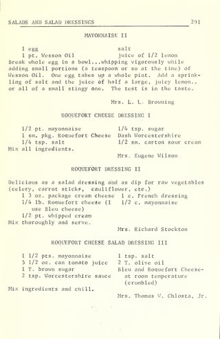 SALADS AND SALAD DRESSINGS 291
MAYONNAISE II
1 egg salt
1 pt. Wesson Oil juice of 1/2 lemon
Break whole egg in a bowl ... whipping vigorously while
adding small portions (a teaspoon or so at the time) of
Wesson Oil. One egg takes up a whole pint. Add a sprink-
ling of salt and the juice of half a large, juicy lemon..
or all of a small stingy One. The test is in the taste.
Mrs. L. L. Browning
ROQUEFORT CHEESE DRESSING I
1/2 pt. mayonnaise 1/4 tsp. sugar
1 sm. pkg . Roquefort Cheese Dash Worcestershire
1/4 tsp. salt 1/2 sm. carton sour cream
Mix all ingredients.
Mrs. Eugene Wilson
ROQUEFORT DRESSING II
Delicious as a salad dressing and as dip for raw vegetables
(celery, carrot sticks, cauliflower, etc.)
1 3 oz . package cream cheese 1 c
1/4 lb. Roquefort cheese (I 1/2
use Bleu cheese)
1/2 pt. whipped cream
Mix thoroughly and serve.
Mrs. Richard Stockton
French dressing
c. mayonnaise
ROQUEFORT CHEESE SALAD DRESSING III
1 1/2 pts. mayonnaise
5 1/2 oz . can tomato juice
1 T. brown sugar
2 tsp. Worcestershire sauce
Mix ingredients and chill.
1 tsp . salt
2 T. olive oil
Bleu and Roquefort Cheese-
at room temperature
( crumbled)
Mrs. Thomas W. Chlosta, Jr
 
