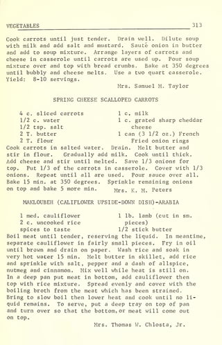 VEGETABLES 313
Cook carrots until just tender. Drain well. Dilute soup
with milk and add salt and mustard. Saute onion in butter
and add to soup mixture. Arrange layers of carrots and
cheese in casserole until carrots are used up. Pour soup
mixture over and top with bread crumbs. Bake at 350 degrees
until bubbly and cheese melts. Use a two quart casserole.
Yield: 8-10 servings.
Mrs. Samuel M. Taylor
SPRING CHEESE SCALLOPED CARROTS
4 c. sliced carrots 1 c. milk
1/2 c. water 1 c. grated sharp cheddar
1/2 tsp. salt cheese
2 T. butter 1 can (3 1/2 oz .
) French
2 T. flour Fried onion rings
Cook carrots in salted water. Drain. Melt butter and
stir in flour. Gradually add milk. Cook until thick.
Add cheese and stir until melted. Save 1/3 onions for
top. Put 1/3 of the carrots in casserole. Cover with 1/3
onions. Repeat until all are used. Pour sauce over all.
Bake 15 min. at 350 degrees. Sprinkle remaining onions
on top and bake 5 more min. Mrs. K. M. Peters
MAKLOUBEH (CALIFLOWER UPSIDE-DOWN DISH) -ARABIA
1 med. cauliflower 1 lb. lamb (cut in sm.
2 c. uncooked rice pieces)
spices to taste 1/2 stick butter
Boil meat until tender, reserving the liquid. In meantime,
separate cauliflower in fairly small pieces. Fry in oil
until brown and drain on paper. Wash rice and soak in
very hot water 15 min. Melt butter in skillet, add rice
and sprinkle with salt, pepper and a dash of allspice,
nutmeg and cinnamon. Mix well while heat is still on.
In a deep pan put meat in bottom, add cauliflower then
top with rice mixture. Spread evenly and cover with the
boiling broth from the meat which has been strained.
Bring to slow boil then lower heat and cook until no li-
quid remains. To serve, put a deep tray on top of pan
and turn over so that the bottom, or meat will come out
on top.
Mrs. Thomas W. Chlosta, Jr.
 