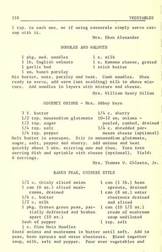 318 VEGETABLES
1 tsp. to each one, or if using casserole simply serve cat-
sup with it.
Mrs. Eben Alexander
NOODLES AND WALNUTS
1 pkg. med. noodles 1 c. milk
1 lb. English walnuts 1 c. Romano cheese, grated
1 garlic bud 1 stick butter
1 sm. bunch parsley
Mix butter, nuts, parsley and heat. Cook noodles. When
ready to serve, add warm (not scalding) milk to above mix-
ture. Add noodles in layers with mixture and cheese.
Mrs. William Henry Dillon
GOURMET ONIONS - Mrs. Abbey Keys
3 T. butter 1/4 c. sherry
1/2 tsp. monosodium glutamate 10-12 sm. onions -
1/2 tsp. sugar peeled, cooked, drained
1/4 tsp. salt 1/4 c. shredded par-
1/4 tsp. pepper mesan cheese (optional)
Melt butter in saucepan. Stir in monosodium glutamate,
sugar, salt, pepper and sherry. Add onions and heat
quickly about 5 min. stirring now and then. Turn into
serving dish and sprinkle with cheese (optional). Yield:
6 servings.
Mrs. Thomas W. Chlosta, Jr.
BAKED PEAS, CHINESE STYLE
1/2 c. thinly sliced onion 1 can (1 lb.) bean
1 can (6 oz.) sliced mush- sprouts, drained
rooms, drained 1 can (8 oz.) water
1/4 c. butter chestnuts drained
1/2 c. milk and sliced
1 pkg. frozen green peas, par- 1 can (10 1/2 oz .
)
tially defrosted and broken cream of mushroom
apart (10 oz.) soup undiluted
Dash of pepper 1 tsp. salt
1 c. Chow Mein Noodles
Saute onions and mushrooms in butter until soft. Add to
peas, bean sprouts and water chestnuts. Blend together
soup, milk, salt and pepper. Pour over vegetables and
i
 