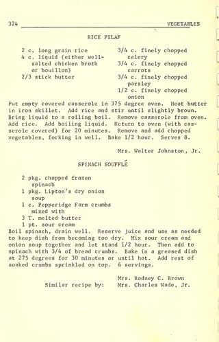 324 VEGETABLES
RICE PILAF
2 c. long grain rice 3/4 c. finely chopped
4 c. liquid (either well- celery
salted chicken broth 3/4 c. finely chopped
or bouillon) carrots
2/3 stick butter 3/4 c. finely chopped
parsley
1/2 c. finely chopped
onion
Put empty covered casserole in 375 degree oven. Heat butter
in iron skillet. Add rice and stir until slightly brown.
Bring liquid to a rolling boil. Remove casserole from oven.
Add rice. Add boiling liquid. Return to oven (with cas-
serole covered) for 20 minutes. Remove and add chopped
vegetables, forking in well. Bake 1/2 hour. Serves 8.
Mrs. Walter Johnston, Jr.
SPINACH SOUFFLE
2 pkg. chopped frozen
spinach
1 pkg. Lipton's dry onion
soup
1 c. Pepperidge Farm crumbs
mixed with
3 T. melted butter
1 pt. sour cream
Boil spinach, drain well. Reserve juice and use as needed
to keep dish from becoming too dry. Mix sour cream and
onion soup together and let stand 1/2 hour. Then add to
spinach with 3/4 of bread crumbs. Bake in a greased dish
at 275 degrees for 30 minutes or until hot. Add rest of
soaked crumbs sprinkled on top. 6 servings.
Mrs. Rodney C. Brown
Similar recipe by: Mrs. Charles Wade, Jr.
 