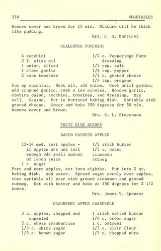 330 VEGETABLES
Remove cover and brown for 15 min. Mixture will be thick
like pudding.
Mrs. E. H. Martinat
SCALLOPED ZUCCHINI
4 zucchini 1/2 c. Pepperidge Farm
2 T. olive oil dressing
1 onion, sliced 1/2 tsp. salt
1 clove garlic 1/8 tsp. pepper
2 cans tomatoes 1/2 c. grated cheese
1/4 tsp. oregano
Cut up zucchini. Heat oil, add onion. Cook until golden.
Add crushed garlic, cook a few minutes. Remove garlic.
Combine onion, zucchini, tomatoes, and dressing. Mix
well. Season. Put in buttered baking dish. Sprinkle with
grated cheese. Cover and bake 350 degrees for 50 min.
Remove cover and brown.
Mrs. R. L. Stevenson
FRUIT SIDE DISHES
BAKED CANDIED APPLES
12-14 med. tart apples - 1/2 stick butter
if apples are not tart 1/3 c. water
enough add small amount cinnamon
of lemon juice nutmeg
1 c. sugar
Pare and core apples, cut into eighths. Put into 2 qt.
baking dish. Add water. Spread sugar evenly over applet,
then sprinkle all over with ground cinnamon and ground
nutmeg. Dot with butter and bake at 350 degrees for 2 1/2
hours
.
Mrs. James Y. Spencer
CRANBERRY APPLE CASSEROLE
3 c. apples, chopped and 1 stick melted butter
unpeeled 1/4 c. brown sugar
2 c. whole cranberries 1 c. oatmeal
1/3 c. white sugar 1/3 c. plain flour
1/3 c. brown sugar 1/3 c. chopped nuts
 