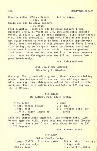 336 HERITAGE -BREADS
Combine with: 2/3 c. Crisco 1/2 c. sugar
1 tsp. salt
Scald and add to above mixture:
1 c. milk
Cool slightly. Beat and add to above mixture 1 egg.
Dissolve 1 pkg. of yeast in 1 c. lukewarm water (potato
water, if saved). Add to above mixture. Sift flour (about
6 c.) and add gradually. Dough should not be too stiff -
not stiff enough to handle by hand. Sprinkle lightly with
flour, cover and place in refrigerator for at least 3 hours
(Can be kept up to 3 days.) Knead on floured board and
shape into 3 loaves or 3 doz. rolls. Place in greased
loaf pans. Cover and let rise for 1 hr . at room tempera-
ture. Bake in 350 degree oven for 1/2 hr . Remove from
pans immediately.
Mrs. Zeb Barnhardt
MEAL AND FLOUR MUFFINS
Miss Mary S. Hinshaw
One cup flour, one-half cup meal, three teaspoons baking
powder, one teaspoon salt, one and one-half cups sweet
milk, one egg, two tablespoons melted fat, mixed in order
written. Pour into muffin tins and bake at 425 degrees
for 15-20 min.
NUT BREAD
My mother, Mrs. Edwin Greble
4 c. flour 2 eggs
4 tsp. baking powder 2 c. milk
1 tsp. salt 1 c. chopped nuts (pe-
1 1/4 c. sugar (white or cans)
brown)
Sift dry ingredients together. Add chopped nuts. Add
beaten eggs and milk. Pour into two greased and floured
loaf pans. Let rise 20 min. Bake about 40 min. at 350
to 375 degrees.
Mrs. Cooper Adams
NUT LOAF
Baker family recipe
1 pkg. (1-1/2 c.) pitted dates, Butter size of an egg
cut coarsely 1 tsp. soda
2/3 c. sugar 1 c. boiling water
 
