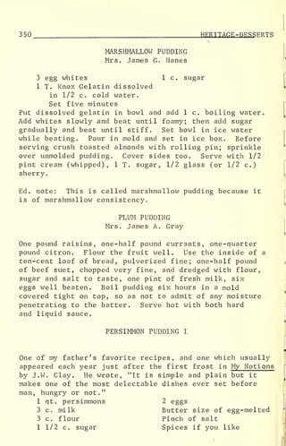 350 HERITAGE-DESSERTS
MARSHMALLOW PUDDING
Mrs. James G. Hanes
3 egg whites 1 c. sugar
1 T. Knox Gelatin dissolved
in 1/2 c. cold water.
Set five minutes
Put dissolved gelatin in bowl and add 1 c. boiling water.
Add whites slowly and beat until foamy; then add sugar
gradually and beat until stiff. Set bowl in ice water
while beating. Pour in mold and set in ice box. Before
serving crush toasted almonds with rolling pin; sprinkle
over unmolded pudding. Cover sides too. Serve with 1/2
pint cream (whipped), 1 T. sugar, 1/2 glass (or 1/2 c.)
sherry.
Ed. note: This is called marshmallow pudding because it
is of marshmallow consistency.
PLUM PUDDING
Mrs. James A. Gray
One pound raisins, one-half pound currants, one-quarter
pound citron. Flour the fruit well. Use the inside of a
ten-cent loaf of bread, pulverized fine; one-half pound
of beef suet, chopped very fine, and dredged with flour,
sugar and salt to taste, one pint of fresh milk, six
eggs well beaten. Boil pudding six hours in a mold
covered tight on top, so as not to admit of any moisture
penetrating to the batter. Serve hot with both hard
and liquid sauce.
PERSIMMON PUDDING I
One of my father's favorite recipes, and one which usually
appeared each year just after the first frost in My Notions
by J.W. Clay. He wrote, "It is simple and plain but it
makes one of the most delectable dishes ever set before
man, hungry or not."
1 qt. persimmons 2 eggs
3 c. milk Butter size of egg-melted
3 c. flour Pinch of salt
1 1/2 c. sugar Spices if you like
 
