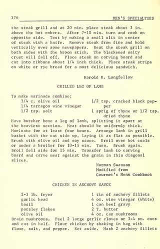 376
___ MEN'S SPECIALTIES
the steak grill and at 20 min. place steak about 3 in.
above the hot embers. After 7-10 min. turn and cook on
opposite side. Test by making a small slit in center
of steak with a knife. Remove steak from fire and hold
vertically over some newspapers. Beat the steak grill on
both sides with the broom stick. The blackened salty
crust will fall off. Place steak on carving board and
cut into ribbons about 1/4 inch thick. Place steak strips
on white or rye bread for a most delicious sandwich.
Harold R. Longfellow
GRILLED LEG OF LAMB
To make marinade combine:
3/4 c. olive oil 1/2 tsp. cracked black pep-
1/4 tarragon wine vinegar per
1/2 tsp. salt 1 sprig of thyme or 1/2 tsp.
dried thyme
Have butcher bone a leg of lamb, splitting it apart at
the heaviest section. Meat should be uniformly thick.
Marinate for at least four hours. Arrange lamb in grill
basket with the cut side up, laying it as flat as possible.
Brush with olive oil and soy sauce. Broil over hot coals
or under a broiler for 10-15 min. Turn. Brush again.
Broil fell side for 15 min. Transfer lamb to carving
board and carve meat against the grain in thin diagonal
slices
.
Norman Swanson
Modified from
Gourmet's Menu Cookbook
CHICKEN IN ANCHOVY SAUCE
2-3 lb. fryer 1 tin of anchovy fillets
garlic head 4 oz. wine vinegar (white)
basil 1 can beef gravy
parsley flakes 2 T. butter
olive oil 4 oz. can mushrooms
Drain mushrooms. Peel 2 large garlic cloves or 3-4 sm. ones
and cut in half. Flour chicken by shaking in bag with
flour, salt, and pepper. Set aside. Mash 2 anchovy fillets
 
