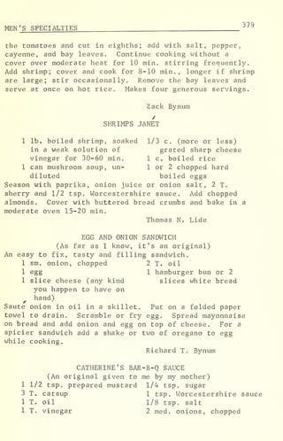MEN 'S SPECIALTIES 379
the tomatoes and cut in eighths; add with salt, pepper,
cayenne, and bay leaves. Continue cooking without a
cover over moderate heat for 10 min. stirring frequently.
Add shrimp; cover and cook for 8-10 min., longer if shrimp
are large; stir occasionally. Remove the bay leaves and
serve at once on hot rice. Makes four generous servings.
Zack Bynum
SHRIMPS JANET
1 lb. boiled shrimp, soaked 1/3 c. (more or less)
in a weak solution of grated sharp cheese
vinegar for 30-60 min. 1 c. boiled rice
1 can mushroom soup, un- 1 or 2 chopped hard
diluted boiled eggs
Season with paprika, onion juice or onion salt, 2 T.
sherry and 1/2 tsp. Worcestershire sauce. Add chopped
almonds. Cover with buttered bread crumbs and bake in a
moderate oven 15-20 min.
Thomas N. Lide
EGG AND ONION SANDWICH
(As far as I know, it's an original)
An easy to fix, tasty and filling sandwich.
1 sm. onion, chopped 2 T. oil
1 egg 1 hamburger bun or 2
1 slice cheese (any kind slices white bread
you happen to have on
hand)
Saute onion in oil in a skillet. Put on a folded paper
towel to drain. Scramble or fry egg. Spread mayonnaise
on bread and add onion and egg on top of cheese. For a
spicier sandwich add a shake or two of oregano to egg
while cooking.
Richard T. Bynum
CATHERINE'S BAR-B-Q SAUCE
(An original given to me by my mother)
1 1/2 tsp. prepared mustard 1/4 tsp. sugar
3 T. catsup 1 tsp. Worcestershire sauce
1 T. oil 1/8 tsp. salt
1 T. vinegar 2 med. onions, chopped
 