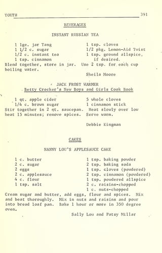 YOUT_H_ 391
BEVERAGES
INSTANT RUSSIAN TEA
1 lge. jar Tang 1 tsp. cloves
1 1/2 c. sugar 1/2 pkg. Lemon-Aid Twist
1/2 c. instant tea 1 tsp. ground allspice,
1 tsp. cinnamon if desired.
Blend together, store in jar. Use 2 tsp. for each cup
boiling water.
Sheila Moore
' JACK FROST WARMER
, Betty Crocker '.s New Boys and Girls Cook Book
"> '.
1 qt. apple cider 5 whole cloves
1/4 c. brown sugar 1 cinnamon stick
Stir together in 2 qt. saucepan. Heat slowly over low
heat 15 minutes; remove spices. Serve warm.
j
Debbie Kingman
CAKES
NANNY LOU'S APPLESAUCE CAKE
1 c. butter 1 tsp. baking powder
2 c. sugar 2 tsp. baking soda
2 eggs 1 tsp. cloves (powdered)
2 c. applesauce 2 tsp. cinnamon (powdered)
4 c. flour 1 tsp. powdered allspice
1 tsp. salt 2 c. raisins-chopped
1 c. nuts-chopped
Cream sugar and butter, add eggs, flour and spices. Mix
and beat thoroughly. Mix in nuts and raisins and pour
into bread loaf pan. Bake 1 hour or more in 350 degree
oven.
Sally Lou and Patsy Millar
 