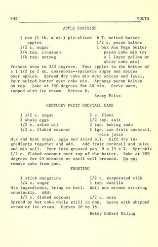 392 YOUTH
APPLE SURPRISE
1 can (1 lb. 4 oz .
) pie-sliced 6 T. melted butter
apples 1/2 c. pecan halves
1/2 c. sugar 1 box Ann Page butter
3/4 tsp. cinnamon pecan cake mix (or
1/4 tsp. nutmeg a 1 layer yellow or
white cake mix)
Preheat oven to 350 degrees. Pour apples in the bottom of
a 1 1/2 to 2 qt. casserole—sprinkle sugar and spices
over apples. Spread dry cake mix over spices and level.
Pour melted butter over cake mix. Arrange pecan halves
on top. Bake at 350 degrees for 40 min. Serve warm,
topped with ice cream. Serves 6.
Betsy Felts
KENTUCKY FRUIT COCKTAIL CAKE
1 1/2 c. sugar 2 c. flour
2 whole eggs 1/2 tsp. salt
1/2 c. salad oil 2 tsp. baking soda
1/2 c. flaked coconut 1 lge. can fruit cocktail,
plus juice
Mix and beat sugar, eggs and salad oil. Sift dry in-
gredients together and add. Add fruit cocktail and juice
and mix well. Pour into greased pan, 9 x 13 x 2. Sprinkle
1/2 c. flaked coconut over top of the batter. Bake at 350
degrees for 45 minutes or until well browned. JDo not
remove cake from pan.
FROSTING
1 stick margarine 1/2 c. evaporated milk
3/4 c. sugar 1 tsp. vanilla
Mix ingredients, bring to boil. Boil one minute stirring
constantly. Add:
1/2 c. flaked coconut 1/2 c. nuts
Spread on hot cake while still in pan. Serve with whipped
cream or ice cream. Serves 16 to 18.
Betsy DuBard Nading
 