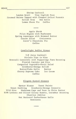 MENUS 407
Shrimp Cocktail
London Broil Tiny English Peas
Creamed Onions Topped with Chopped Salted Peanuts
Relish Tray Hot Rolls
Lemon Chess Pie Coffee
Apple Shrub
Filet Mignon with Mushrooms
Spring Asparagus with Browned Butter
Caesar Salad Croissants
Carol's Chocolate Pie
Coffee
Candlelight Buffet Dinner
V-8 Juice Cocktail
Sirloin Tips in Wine
Broccoli Casserole with Pepperidge Farm Dressing
Finnish Carrots and Rice
Congealed Vegetable-Fruit Salad
Cranberry-Orange Relish
Butterflake Rolls Butter
Cherry Supreme Cake Ice Cream
Coffee
Elegant Seated Dinners
Oyster Bisque Toast Points
Roast Duckling Cranberry-Orange Conserve
Wild Rice Mushroom Caps and Peas in Chive Butter
Bibb Lettuce and Sliced Celery Hearts, Cucumber Dressing
Cherries Jubilee
Hot Buttered Parkerhouse Rolls
Demitasse
 