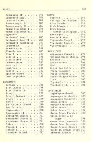 INDEX 427
Asparagus II 281
Congealed Egg 281
Luscious Lime 281
Tomato Aspic I 282
Tomato Aspic II ... . 282
Mixed Vegetable I . . . 282
Mixed Vegetable II . . . 283
Vegetable
Marinated Bean I ... 283
Marinated Bean II . . . 283
Marinated Vegetables . 284
Sauerkraut 284
Scandinavian 284
Slaw-German 285
Slaw I 285
Slaw II 285
Slaw-Wilted 285
Cosmopolitan 286
Macaroni 286
Mushroom 286
Potato 287
Spinach-Bacon 287
Cold Vegetable .... 287
DRESSINGS
Bermuda 288
Bleu Cheese I 288
Bleu Cheese II 288
French 289
French-Gourmet .... 289
Fruit ......... 289
Honey 290
Low Calorie Cooked . . 290
Low Calorie 290
Mayonnaise I 290
Mayonnaise II 291
Roquefort Cheese I . . 291
Roquefort Cheese II . . 291
Roquefort Cheese III. . 291
Spicy 292
Tossed I 292
Tossed II 292
Thousand Island .... 292
SOUPS
Chicken
College Inn Chicken
Clam Chowder . . .
Crab Bisque . . . .
Crab Bisque
Martha Washington
Hamburger ....
Oyster Bisque . .
Vegetable Soup I
Vegetable Soup II
Vischyssoise . .
295
295
295
295
296
296
297
297
297
298
SANDWICHES
Asparagus Cornets . . 298
Bologna-Cream Cheese. 298
Chicken 299
Easy Chicken .... 299
Ham 299
Quick Ham Rolls . . . 299
Party Cucumber . . . 300
Party Pimento .... 300
Sandwich Spread-Ham . 300
Tuna 300
Vegetable I 301
Vegetable II 301
VEGETABLES
Asparagus -Almond
Asparagus Au Gratin
Asparagus Casserole
Baked Barley . . .
Barley Casserole
Baked Beans I . . .
Baked Beans II . .
Green Beans Piquant
Green Beans A La
Peggy
Green Bean Casserole
Green Bean Parmesan
Beets-Orange Glazed
Beets in Orange Sauce
Broccoli-Cheese . . .
305
305
306
306
307
307
307
308
308
308
309
309
310
310
 
