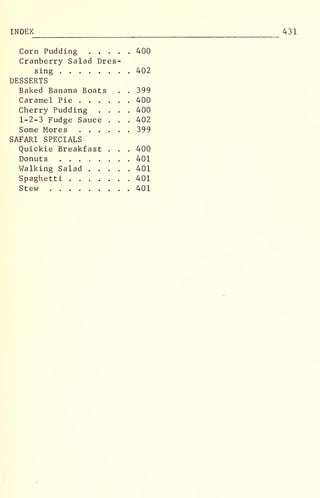 INDEX 431
Corn Pudding 400
Cranberry Salad Dres-
sing 402
DESSERTS
Baked Banana Boats . . 399
Caramel Pie 400
Cherry Pudding .... 400
1-2-3 Fudge Sauce . . . 402
Some Mores 399
SAFARI SPECIALS
Quickie Breakfast . . . 400
Donuts 401
Walking Salad 401
Spaghetti 401
Stew 401
 