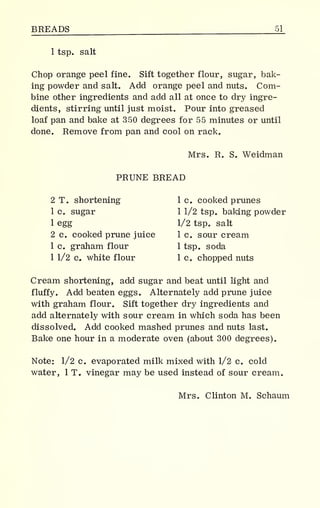 BREADS 51_
1 tsp. salt
Chop orange peel fine. Sift together flour, sugar, bak-
ing powder and salt. Add orange peel and nuts. Com-
bine other ingredients and add all at once to dry ingre-
dients, stirring until just moist. Pour into greased
loaf pan and bake at 350 degrees for 55 minutes or until
done. Remove from pan and cool on rack.
Mrs. R. S. Weidman
PRUNE BREAD
2 T. shortening 1 c. cooked prunes
1 c. sugar 1 1/2 tsp. baking powder
1 egg 1/2 tsp. salt
2 c. cooked prune juice 1 c. sour cream
1 c. graham flour 1 tsp. soda
1 1/2 c. white flour 1 c. chopped nuts
Cream shortening, add sugar and beat until light and
fluffy. Add beaten eggs. Alternately add prune juice
with graham flour. Sift together dry ingredients and
add alternately with sour cream in which soda has been
dissolved. Add cooked mashed prunes and nuts last.
Bake one hour in a moderate oven (about 300 degrees).
Note: 1/2 c. evaporated milk mixed with 1/2 c. cold
water, 1 T. vinegar may be used instead of sour cream.
Mrs. Clinton M. Schaum
 
