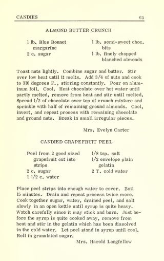 CANDIES 65
ALMOND BUTTER CRUNCH
1 lb. Blue Bonnet 1 lb. semi-sweet choc.
margarine bits
2 c. sugar 1 lb. finely chopped
blanched almonds
Toast nuts lightly. Combine sugar and butter. Stir
over low heat until it melts. Add 3/4 of nuts and cook
to 310 degrees F. , stirring constantly. Pour on alum-
inum foil. Cool. Heat chocolate over hot water until
partly melted, remove from heat and stir until melted.
Spread 1/2 of chocolate over top of crunch mixture and
sprinkle with half of remaining ground almonds. Cool3
invert, and repeat process with remaining chocolate
and ground nuts. Break in small irregular pieces.
Mrs. Evelyn Carter
CANDIED GRAPEFRUIT PEEL
Peel from 2 good sized 1/8 tsp. salt
grapefruit cut into 1/2 envelope plain
strips gelatin
2 c. sugar 2 T. cold water
1 1/2 c. water
Place peel strips into enough water to cover. Boil
15 minutes, Drain and repeat process twice more.
Cook together sugar, water, drained peel, and salt
slowly in an open kettle until syrup is quite heavy.
Watch carefully since it may stick and burn. Just be-
fore the syrup is quite cooked away, remove from
heat and stir in the gelatin which has been dissolved
in the cold water. Let peel stand in syrup until cool.
Roll in granulated sugar.
Mrs. Harold Longfellow
 