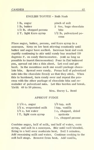 CANDIES 67_
ENGLISH TOFFEE - Ruth Nash
1 lb. sugar pinch of salt
1 lb. butter 2 6oz. bags chocolate
l/2 lb. chopped pecans bits
2 T. light Karo syrup 1/2 lb. pulverized pe-
cans
Place sugar, butter, pecans, and Karo syrup in a
saucepan. Keep on low heat stirring constantly until
butter and sugar have melted. Increase heat and cook
rapidly continuing to stir until candy has reached 310
degrees F. on candy thermometer, (wait as long as
possible to insert thermometer) Pour in flat buttered
pan, spread out into a thin sheet. Let cool and get
hard. In the meantime melt one small package choco-
late bits. Spread over candy. Press half of pulverized
nuts into the chocolate firmly so that they stick. When
this is hardened, turn candy over and repeat the pro-
cess with the other package of chocolate bits and re-
mainder of pulverized nuts. Let this harden and break.
Yield: 40 to 50 pieces.
Mrs. Harry L. Reed
APRICOT FUDGE
2 1/4 c. sugar 1/8 tsp. salt
1/2 c. evaporated milk 1 tsp. vanilla
1/3 c. hot water 1 c. chopped, dried
1 T. light corn syrup apricots
1 c. chopped pecans
Combine sugar, half of milk, and half of water, corn
syrup, and salt in a saucepan. Stir until well blended.
Bring to a boil over moderate heat. Boil 5 minutes.
Add remaining milk and water. Continue cooking to the
soft ball stage. Remove from heat. Add vanilla,
 