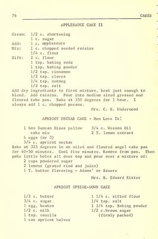 76 CAKES
APPLESAUCE CAKE II
Cream: 1/2 c. shortening
1 c. sugar
Add: 1 c. applesauce
Mix: 1 c. chopped seeded raisins
1/4 c. flour
Sift: 2 c. flour
1 tsp. baking soda
1 tsp. baking powder
1/2 tsp. cinnamon
1/2 tsp. cloves
1/4 tsp. nutmeg
1/2 tsp. salt
Add dry ingredients to first mixture, beat just enough to
blend. Add raisins. Pour into medium sized greased and
floured tube pan. Bake at 350 degrees for 1 hour. I
always add 1 c. chopped pecans.
Mrs. C. H. Underwood
APRICOT NECTAR CAKE - Men Love It!
1 box Duncan Hines yellow 3/4 c. Wesson Oil
cake mix 2 T. lemon extract
4 eggs (or 3)
3/4 c. apricot nectar
Bake at 325 degrees in an oiled and floured angel cake pan
for 40-50 minutes. Cool five minutes. Remove from pan. Then
poke little holes all over top and pour over a mixture of:
2 cups powdered sugar
2 lemons (grated rind and juice)
1 T. butter flavoring - Adams' or Sauers
Mrs. B. Edward Ritter
APRICOT UPSIDE-DOWN CAKE
1/2 c. butter
3/4 c. sugar
1 egg, beaten
1/2 c. milk
1 tsp. vanilla
1 can apricot halves
1 1/4 c. sifted flour
1/4 tsp. salt
1 1/4 tsp. Baking powder
1/2 c. brown sugar
(firmly packed)
 