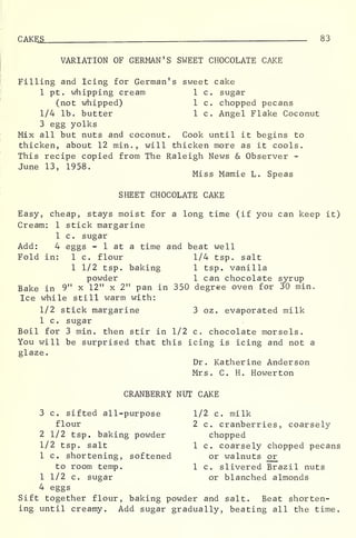C AKES 8 3
VARIATION OF GERMAN'S SWEET CHOCOLATE CAKE
Filling and Icing for German's sweet cake
1 pt. whipping cream 1 c. sugar
(not whipped) 1 c. chopped pecans
1/4 lb. butter 1 c. Angel Flake Coconut
3 egg yolks
Mix all but nuts and coconut. Cook until it begins to
thicken, about 12 min .
, will thicken more as it cools.
This recipe copied from The Raleigh News & Observer -
June 13, 1958.
Miss Mamie L. Speas
SHEET CHOCOLATE CAKE
Easy, cheap, stays moist for a long time (if you can keep it)
Cream: 1 stick margarine
1 c. sugar
Add: 4 eggs - 1 at a time and beat well
Fold in: 1 c. flour 1/4 tsp. salt
1 1/2 tsp. baking 1 tsp. vanilla
powder 1 can chocolate syrup
Bake in 9" x 12" x 2" pan in 350 degree oven for 30 min.
Ice while still warm with:
1/2 stick margarine 3 oz. evaporated milk
1 c. sugar
Boil for 3 min. then stir in 1/2 c. chocolate morsels.
You will be surprised that this icing is icing and not a
glaze.
Dr. Katherine Anderson
Mrs. C. Ho Howerton
CRANBERRY NUT CAKE
3 c. sifted all-purpose 1/2 c. milk
flour 2 c. cranberries, coarsely
2 1/2 tsp. baking powder chopped
1/2 tsp. salt 1 c. coarsely chopped pecans
1 c. shortening, softened or walnuts or
to room temp. 1 c. slivered Brazil nuts
1 1/2 c. sugar or blanched almonds
4 eggs
Sift together flour, baking powder and salt. Beat shorten-
ing until creamy. Add sugar gradually, beating all the time.
 