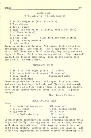 CAKES 89
LAYER CAKE
(3 9-inch or 2 10-inch layers)
2 sticks margarine (Mrs. Filbert's)
1/2 c. Crisco
2 3/4 c. sugar
5 eggs (use two yolks; 5 whites, beat & add last)
3 c. flour (sifted)
1 c. sweet milk
1/2 tsp. salt ) Add to flour when sifting
1/2 tsp. baking powder)
2 tsp. vanilla
Cream margarine and Crisco. Add sugar, little at a time
and cream well. Add vanilla. Add 2 egg yolks and mix
well. Add flour and milk alternately, beginning and end-
ing with flour. Fold in beaten egg whites. Pour into well
greased and floured cake pans. Bake in 350 degree oven
for 25 min. or until done.
CHOCOLATE ICING
1 lb. 8 oz. 4-X sugar (sift) 1 T. Crisco
4 T. cocoa (sift with sugar) 1/4 tsp. salt
1 tsp. vanilla Evaporated milk
1 stick margarine
Cream margarine and Crisco. Add sugar, little at time,
and continue beating. Add salt and flavoring and enough
milk (little at a time) until icing is smooth and creamy.
Turn layers upside down and cover with icing. A prized
recipe
.
Mrs. Henry P. Smith
LEMON -COCONUT CAKE
Cake:
1 c. butter or margarine 3/4 tsp. salt
1 3/4 c. sugar 4 tsp. baking powder
6 egg whites 3/4 c. milk
3 c. sifted cake flour 1/2 c. water
1 tsp. vanilla
Cream butter; gradually add sugar, creaming together until
light and fluffy. Add egg whites, two at a time, beating
well after each addition. Sift together cake flour, salt
and baking powder. Combine milk, water, and vanilla. Add
sifted dry ingredients to creamed mixture alternately with
 