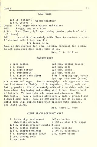 CAKES 91
LOAF CAKE
1/2 lb. butter ) Cream together
1/2 c. Crisco )
Cream: 3 c. sugar with butter and Crisco
Add: 5 eggs, one at a time
Sift: 3 c. flour, 1/2 tsp. baking powder, pinch of salt
(3 times)
Add: 1 c. milk alternately with flour to creamed mixture
If desired add: 1 tsp. vanilla
1/2 lemon juice
Bake at 325 degrees for 1 hr.-15 min. (preheat for 5 min.)
Do not open oven door until time is up.
Mrs. C. B. Pulliam
MARBLE CAKE
4 eggs beaten 1/2 tsp. baking powder
2 c. sugar 1/2 tsp. soda
1 c. soft butter 1/2 tsp. lemon
1 c. buttermilk 1/2 tsp. vanilla
3 c. sifted cake flour 3 or 4 heaping tsp. cocoa
pinch of salt 1/4 tsp. cinnamon (scant)
Mix butter and sugar. Beat thoroughly. Add eggs and cream
until mixture is fluffy. Sift together, flour, salt and
baking powder. Mix alternately with milk to which soda has
been added, beginning and ending with flour. Remove half
of batter. To remainder add cocoa and cinnamon. Mix
thoroughly. Pour 2 batters alternately into 3 greased and
floured cake pans. Bake at 350 degrees for 25-35 min. or
until cake will spring back when pressed with fingers.
Use white icing.
Mrs. Harry L. Reed
MIAMI BEACH BIRTHDAY CAKE
1 6-oz. pkg. semi-sweet 1/2 c. butter
chocolate morsels 1 1/2 c. plus 2 T. sugar
1/2 c. graham cracker crumbs 2 eggs
1/3 c. melted butter 1 tsp. vanilla
1/2 c. chopped walnuts 1 1/4 c. buttermilk
2 c. regular sifted flour 1 c. heavy cream
1 tsp. baking soda
1 tsp. salt
 