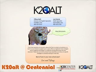 !




                        !"##$%&'()"**'                         +),"'-$./"01'
                        "#$%&#%!'&(!)&*+$,-!".%#$'+$,/!        ;'/-!".%#$'+$,/!
                        /&%$++0123%(2!                         +.'/<$#=0123%(2!
                        4567896766:8!                          456789679>95!



                                                                    -//.?@@A$/3+B@1#-,!




            CD!B12!-'E%!F2%,/$1&,!'/!'&B!.1$&/G!.+%',%!D%%+!D<%%!/1!#1&/'#/!2,!AB!.-1&%!1<!%7
            H'$+3!C/!$,!12<!H$,,$1&!/1!,2..1</!B12!$&!%E%<B!%DD1</!/1!$H.+%H%&/!&%I!,/<'/%*$%,!
                 '&(!/1!$&/%*<'/%!/%#-&1+1*B!$&!'&!%DD%#/$E%!'&(!A%&%D$#$'+!I'B!$&/1!B12<!
            #+',,<11H3!J+%',%!A%!,2<%!/1!+%/!2,!=&1I!$D!B12!I12+(!+$=%!2,!/1!D1#2,!1&!,.%#$D$#!
                                 ,/<'/%*$%,!1<!.<'#/$#%,!(2<$&*!12<!&%K/!E$,$/3!
                                                        !
                             L%,/!1D!+2#=!$&!B12<!&%I!,#-11+!B%'<M!!
                                                     !
                                        Levi and Tiffany



K20alt @ Centennial
 