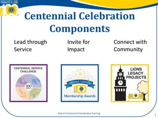 Lead through
Service
3
Centennial Celebration
Components
Invite for
Impact
Connect with
Community
District Centennial Coordinator Training
 