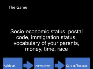 The Game
Achieve Career/Success
Opportunities
Socio-economic status, postal
code, immigration status,
vocabulary of your parents,
money, time, race
 