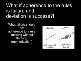 What if adherence to the rules
is failure and
deviation is success?!
What failure should
be:
adherence to a rule
knowing without
thinking
(memorization)
 