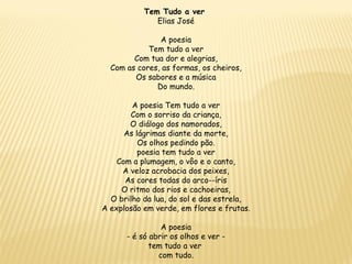 Tem Tudo a ver
Elias José
A poesia
Tem tudo a ver
Com tua dor e alegrias,
Com as cores, as formas, os cheiros,
Os sabores e a música
Do mundo.
A poesia Tem tudo a ver
Com o sorriso da criança,
O diálogo dos namorados,
As lágrimas diante da morte,
Os olhos pedindo pão.
poesia tem tudo a ver
Com a plumagem, o vôo e o canto,
A veloz acrobacia dos peixes,
As cores todas do arco--íris
O ritmo dos rios e cachoeiras,
O brilho da lua, do sol e das estrela,
A explosão em verde, em flores e frutas.
A poesia
- é só abrir os olhos e ver -
tem tudo a ver
com tudo.
 