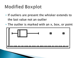 If outliers are present the whisker extends to the last value not an outlier The outlier is marked with an x, box, or point 