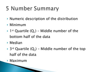 Numeric description of the distribution Minimum 1 st  Quartile (Q 1 ) – Middle number of the bottom half of the data Median  3 rd  Quartile (Q 3 ) – Middle number of the top half of the data Maximum 