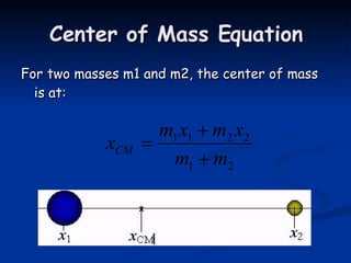 Center of Mass Equation For two masses m1 and m2, the center of mass is at: 