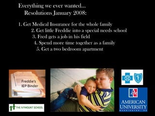 Everything we ever wanted…
Resolutions January 2008:
1. Get Medical Insurance for the whole family
2. Get little Freddie into a special needs school
3. Fred gets a job in his field
4. Spend more time together as a family
5. Get a two bedroom apartment

Freddie’s
IEP Binder

 