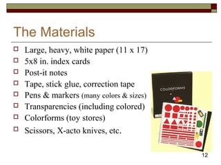 12
The Materials
 Large, heavy, white paper (11 x 17)
 5x8 in. index cards
 Post-it notes
 Tape, stick glue, correction tape
 Pens & markers (many colors & sizes)
 Transparencies (including colored)
 Colorforms (toy stores)
 Scissors, X-acto knives, etc.
 